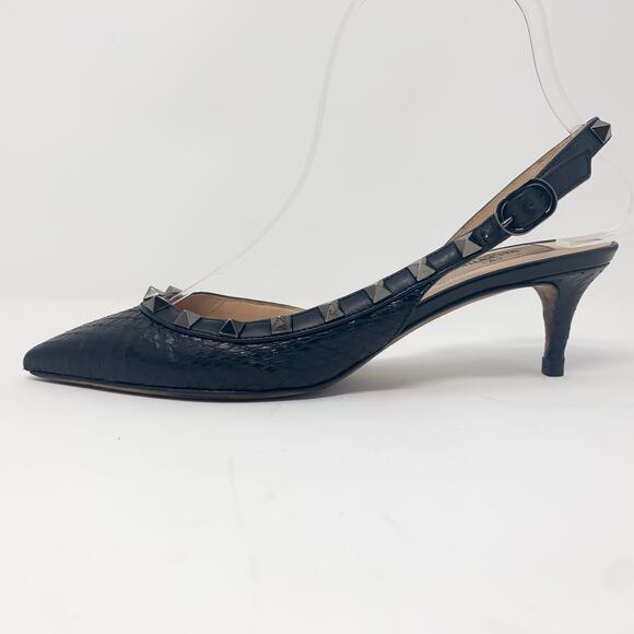 Valentino Rockstud Black Snakeskin Slingback Pointed Toe Kitten Heels EU 36 - Picture 3 of 13